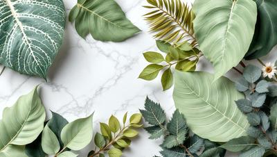 The image features a white marble countertop with a variety of green and yellow leaves arranged on it. The leaves are in different shapes and sizes, creating a visually appealing display. The countertop serves as a backdrop for the leaves, which are the primary subject of the image. The overall atmosphere is fresh and natural, with the green and yellow colors evoking a sense of growth and vitality.