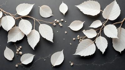 The primary subject of the image is a collection of white leaves, flowers, and branches. The setting is a black background, which contrasts with the white leaves and flowers. The visual style is a combination of photo and digital art, creating a realistic yet artistic representation of the white leaves and flowers. The colors and mood of the image are predominantly white, giving it a clean and serene atmosphere.