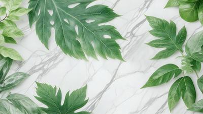 The primary subject of the image is a large green leaf, which is the main object, scene, or focus of the image. The leaf is placed on a white marble surface, which serves as the setting or background. The visual style of the image is a photo, capturing the natural beauty of the leaf. The dominant colors in the image are green and white, creating a serene and calming atmosphere.