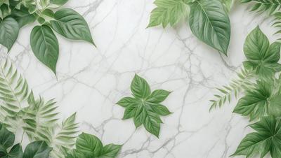 The primary subject of the image is a green leaf, which is the main object, scene, or focus of the image. The leaf is placed on a white marble surface, which serves as the setting or background. The visual style of the image is a photo, as it captures the leaf in its natural environment. The colors and mood of the image are predominantly green, as the leaf is the main subject, and the overall atmosphere is serene and natural.