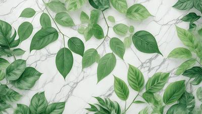 The primary subject of the image is a close-up of a green leaf, which is part of a larger arrangement of green leaves. The setting is a white marble wall, which serves as the background for the leaf arrangement. The visual style is a combination of a photo and digital art, creating a realistic yet artistic representation of the green leaves. The colors and mood of the image are predominantly green, giving it a fresh and natural atmosphere.