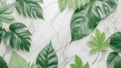 The image features a white marble countertop with a variety of green leaves and plants. The leaves are arranged in a pattern, creating a visually appealing scene. The marble countertop serves as the primary subject, while the green leaves and plants in the background add a touch of nature and color to the setting. The visual style of the image is a combination of photo and digital art, creating a realistic yet artistic representation of the scene. The colors and mood of the image are predominantly green, with a sense of