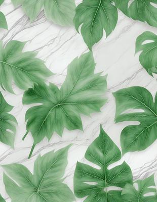 The image features a white marble surface with a pattern of green leaves. The leaves are arranged in a way that creates a visually appealing and natural-looking design. The primary subject of the image is the green leaves, which are the main focus and create a sense of freshness and tranquility. The setting is a white marble surface, which provides a clean and elegant backdrop for the green leaves. The visual style of the image is a combination of natural elements and a modern, minimalist design. The colors and mood