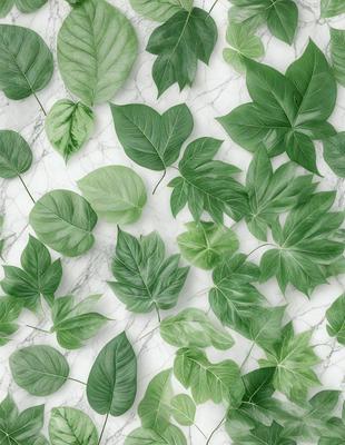 The primary subject of the image is a collection of green leaves, which are arranged in various shapes and sizes. The leaves are displayed on a white marble surface, creating a visually appealing contrast between the greenery and the background. The visual style of the image is a combination of photo and digital art, as it captures the intricate details of the leaves while maintaining a clean and modern appearance. The dominant colors in the image are green, which is evident in the leaves, and white, which is the color of the marble