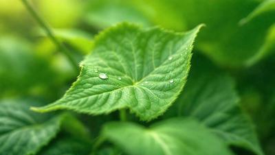 The primary subject of the image is a leaf with water droplets on it. The leaf is green and appears to be a part of a plant. The setting is a green environment, possibly a forest or a garden. The visual style of the image is a close-up of the leaf, showcasing its details. The colors in the image are predominantly green, with the water droplets adding a touch of blue. The overall atmosphere of the image is serene and natural.
