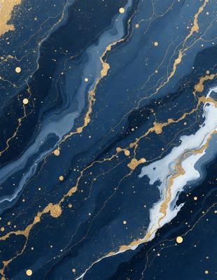 The primary subject of the image is a blue and gold marbled surface, which appears to be a painting or a digital artwork. The setting is a dark blue background, and the visual style is a combination of photo and digital art. The colors and mood of the image are rich and vibrant, with the gold and blue hues creating a luxurious and elegant atmosphere.