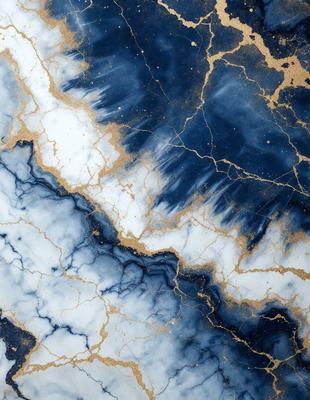 The primary subject of the image is a blue marble surface with gold accents. The setting is a blue and gold marble table, and the visual style is a combination of photo and digital art. The dominant colors are blue and gold, creating a luxurious and elegant atmosphere.