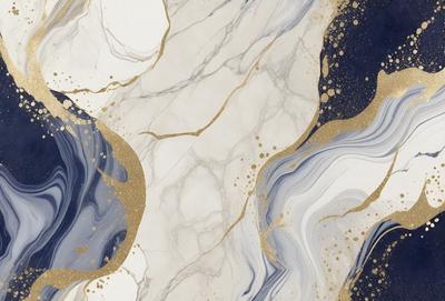 The primary subject of the image is a marble-like surface with gold and blue accents. The setting is a white marble-like surface with gold and blue accents. The visual style is a combination of digital art and illustration. The dominant colors are gold, blue, and white, creating a luxurious and elegant atmosphere.