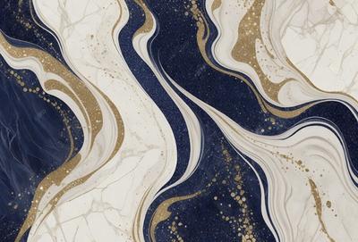 The primary subject of the image is a marble tile with a blue and gold pattern. The setting is a bathroom, and the visual style is a close-up of the tile. The dominant colors are blue and gold, creating a luxurious and elegant atmosphere.