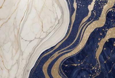 The primary subject of the image is a marble countertop with a gold and blue pattern. The setting is a kitchen, and the visual style is a combination of photo and digital art. The dominant colors are gold, blue, and white, creating a luxurious and elegant atmosphere.