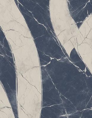 The primary subject of the image is a marble-like surface with a blue and white color scheme. The setting is a stone wall, and the visual style is a combination of a photo and digital art. The colors and mood of the image are predominantly blue and white, creating a clean and elegant atmosphere.