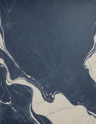 The primary subject of the image is a blue marble surface with a pattern of swirls and waves. The setting is a dark room, and the visual style is a close-up of the marble surface. The colors and mood of the image are predominantly dark and moody, with the blue marble providing a contrasting element.