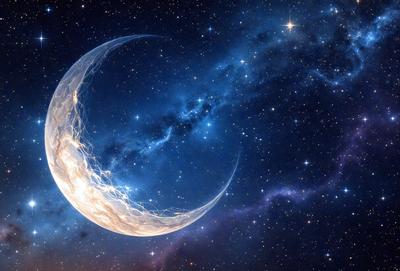The primary subject of the image is a large, round, and intricately designed object, possibly a moon or a spacecraft, set against a backdrop of a starry night sky. The visual style of the image appears to be a combination of photo and digital art, creating a unique and captivating scene. The colors and mood of the image are predominantly dark and mysterious, with the starry night sky providing a sense of depth and wonder.