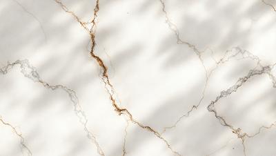 The primary subject of the image is a marble countertop with a crack in it. The setting is a kitchen, and the visual style is a photo. The crack in the marble countertop is the main focus of the image, and the overall atmosphere is somewhat distressing due to the damage to the countertop.