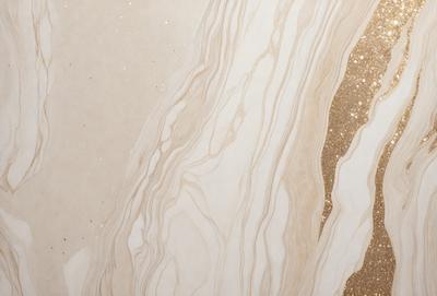 The primary subject of the image is a marble-like surface with a gold-like pattern. The setting is a white background, and the visual style appears to be a combination of a photo and digital art. The colors and mood of the image are predominantly white and gold, creating a luxurious and elegant atmosphere.
