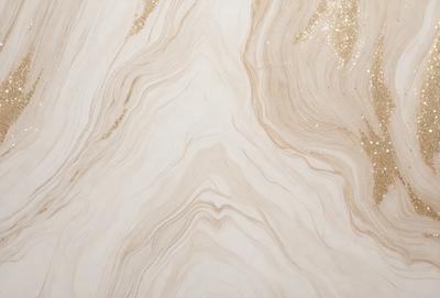 The primary subject of the image is a marble-like surface with a gold-like pattern. The setting is a white background, and the visual style appears to be a combination of a photo and digital art. The colors and mood of the image are predominantly white and gold, creating a luxurious and elegant atmosphere.