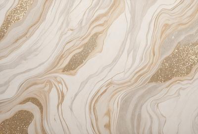The primary subject of the image is a marble-like surface with a gold-like pattern. The setting is a white background, and the visual style appears to be a combination of a photo and digital art. The colors and mood of the image are predominantly white and gold, creating a luxurious and elegant atmosphere.