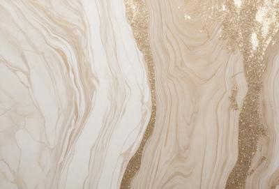 The primary subject of the image is a marble wall with a gold-colored pattern. The setting is a room with a white background. The visual style is a combination of a photo and digital art, creating a unique and eye-catching design. The dominant colors are gold and white, giving the wall a luxurious and elegant appearance.