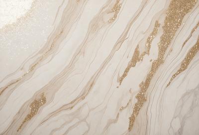 The primary subject of the image is a marble-like surface with a gold-like pattern. The setting is a white background, and the visual style appears to be a combination of a photo and digital art. The colors and mood of the image are predominantly white and gold, creating a luxurious and elegant atmosphere.