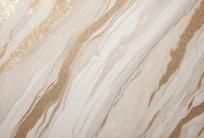 The primary subject of the image is a marble-like surface with a gold and white color scheme. The setting is a patterned wall, and the visual style appears to be a combination of a photo and digital art. The colors and mood of the image are elegant and sophisticated, with the gold and white tones creating a luxurious and refined atmosphere.