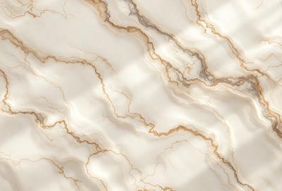 The primary subject of the image is a marble countertop with a white and gold color scheme. The setting is a kitchen or bathroom, as the countertop is a prominent feature in the scene. The visual style is a close-up of the marble countertop, showcasing its intricate patterns and textures. The colors and mood of the image are warm and inviting, with the white and gold tones creating a sense of elegance and sophistication.