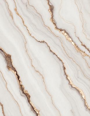 The primary subject of the image is a marble countertop with a gold-colored vein running through it. The setting is a kitchen, and the visual style is a close-up of the marble countertop. The colors and mood of the image are predominantly white and gold, giving it a luxurious and elegant appearance.