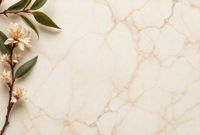 The primary subject of the image is a marble countertop with a white background. The visual style is a photo, and the colors and mood are predominantly white, giving the scene a clean and elegant appearance.