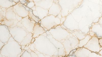 The primary subject of the image is a marble surface with a gold-like pattern. The setting is a white marble wall, and the visual style is a close-up of the marble surface. The colors and mood of the image are predominantly white and gold, creating a luxurious and elegant atmosphere.