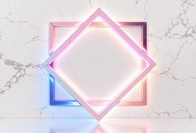 The primary subject of the image is a square-shaped light fixture with a pink, blue, and white color scheme. The light fixture is mounted on a marble wall, which serves as the setting and background of the image. The visual style of the image is a combination of digital art and illustration, creating a unique and eye-catching design. The colors and mood of the image are vibrant and lively, with the pink, blue, and white hues evoking a sense of warmth