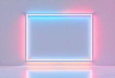 The primary subject of the image is a large, illuminated white frame. The setting is a white wall, and the visual style appears to be a combination of digital art and photography. The colors and mood of the image are predominantly white, creating a clean and minimalist atmosphere.