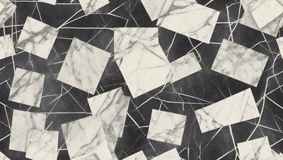 The primary subject of the image is a pattern of white marble tiles. The setting is a black background, which contrasts with the white tiles. The visual style is a close-up of the tiles, showcasing their intricate design. The colors and mood of the image are predominantly black and white, giving it a classic and elegant appearance.