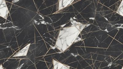 The primary subject of the image is a marble wall with a pattern of white and gold. The setting is a black background, which contrasts with the marble wall. The visual style is a combination of a photo and digital art, creating a unique and intricate pattern. The colors and mood of the image are predominantly black and gold, giving it a sophisticated and elegant appearance.
