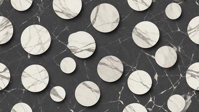 The primary subject of the image is a collection of white marble circles arranged on a black background. The circles are of various sizes and are placed in a visually appealing manner. The setting is a black marble surface, which contrasts with the white marble circles, creating a striking visual effect. The visual style of the image is a combination of photo and digital art, as it showcases the marble circles in a well-composed manner. The overall atmosphere of the image is elegant and sophisticated, with the white