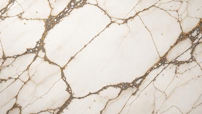 The image features a white marble surface with a pattern of gold streaks. The marble appears to be cracked and has a rough texture. The primary subject of the image is the marble surface, which serves as the setting and background. The visual style of the image is a close-up of the marble, showcasing its unique pattern and texture. The colors in the image are predominantly white and gold, creating a sense of elegance and sophistication.