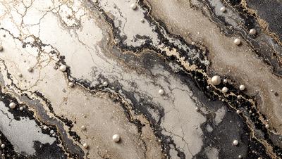 The primary subject of the image is a close-up of a marble surface with a pattern of pearls and gold. The setting is a marble countertop, and the visual style is a combination of photo and digital art. The colors and mood of the image are predominantly gold and black, creating a luxurious and elegant atmosphere.