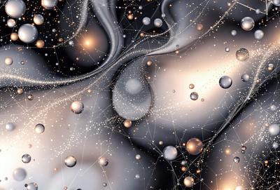 The primary subject of the image is a close-up of a black and white photo of a cluster of small, round, shiny objects. The setting is a dark background, which contrasts with the bright, shiny objects. The visual style is a combination of a photo and digital art, creating a unique and intriguing image. The colors and mood are predominantly black and white, with the shiny objects adding a touch of brightness and interest to the scene.