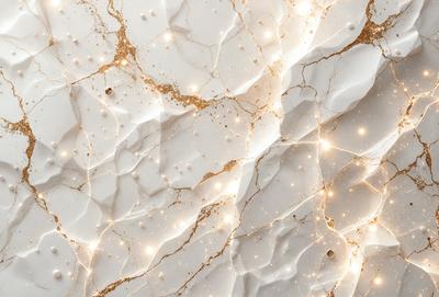 The primary subject of the image is a marble wall with a gold-like texture. The setting is a room with a white background. The visual style is a combination of a photo and digital art, creating a unique and intricate pattern. The dominant colors are gold and white, giving the wall a luxurious and elegant appearance.