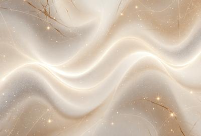The primary subject of the image is a white, swirling pattern on a wall. The setting is a room with a white wall, and the visual style appears to be a combination of a photo and digital art. The dominant colors are white and gold, creating a warm and inviting atmosphere.