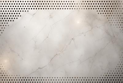 The primary subject of the image is a marble countertop with a pattern of dots on it. The setting is a kitchen or bathroom, as the countertop is a common surface in these areas. The visual style is a close-up of the marble countertop, showcasing its texture and pattern. The colors and mood of the image are predominantly white, giving it a clean and elegant appearance.