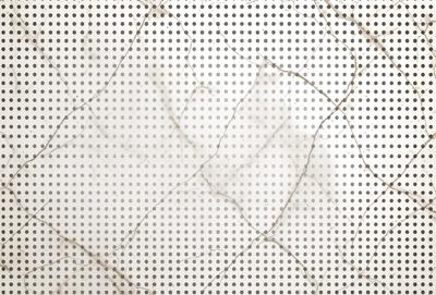 The primary subject of the image is a white marble wall with a pattern of black dots. The setting is a room with a white marble wall, and the visual style is a close-up of the wall. The colors and mood of the image are predominantly white and black, creating a clean and minimalist atmosphere.