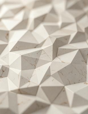 The primary subject of the image is a white marble surface with a pattern of triangles. The setting is a white background, and the visual style appears to be a combination of a photo and digital art. The colors and mood of the image are predominantly white, giving it a clean and minimalist appearance.