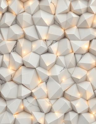 The primary subject of the image is a white marble wall with a pattern of white lights on it. The setting is a room with a white marble wall as the main focus. The visual style is a combination of a photo and digital art, creating a unique and eye-catching pattern. The colors and mood of the image are predominantly white, giving it a clean and elegant appearance.