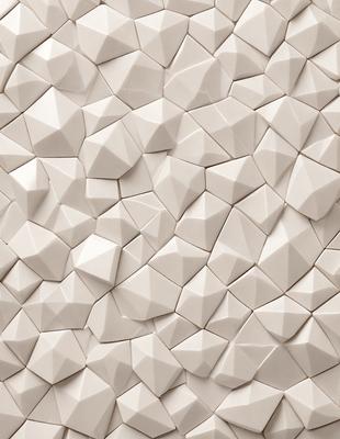 The primary subject of the image is a large white wall with a pattern of white geometric shapes, resembling a mosaic or a tiled surface. The setting is a room with a white background, which emphasizes the shapes and patterns on the wall. The visual style is a combination of a photo and digital art, as the shapes are intricately arranged and the overall appearance is clean and well-defined. The colors and mood of the image are predominantly white, giving it a clean, minimalist, and modern feel