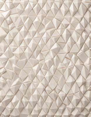 The primary subject of the image is a white wall with a pattern of triangles. The setting is a room with a white background, and the visual style appears to be a combination of a photo and digital art. The dominant colors are white and gray, creating a clean and minimalist atmosphere.