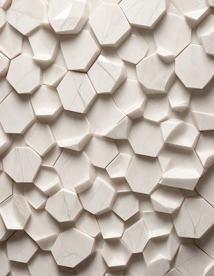 The primary subject of the image is a white marble wall with a pattern of hexagonal shapes. The setting is a room with a white marble wall as the main focus. The visual style is a close-up of the marble wall, showcasing the intricate pattern of hexagons. The colors and mood of the image are predominantly white, giving it a clean and elegant appearance.
