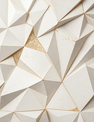 The primary subject of the image is a white wall with a pattern of triangles. The setting is a room with a white background. The visual style is a combination of digital art and illustration. The dominant colors are white and gold, creating a clean and elegant atmosphere.