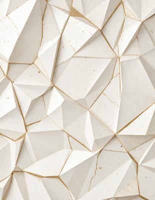 The primary subject of the image is a white wall with a pattern of white and gold triangles. The setting is a room with a white wall, and the visual style is a close-up of the wall. The colors and mood of the image are predominantly white and gold, creating a clean and elegant atmosphere.