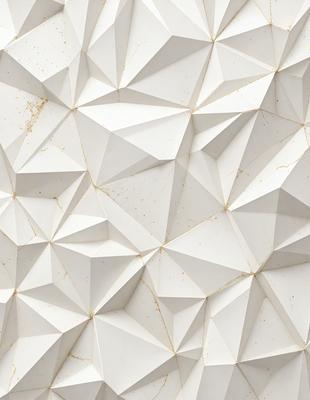 The primary subject of the image is a white, geometric wallpaper with a pattern of triangles. The setting is a white wall, and the visual style is a close-up of the wallpaper. The dominant colors are white and gold, creating a clean and elegant atmosphere.