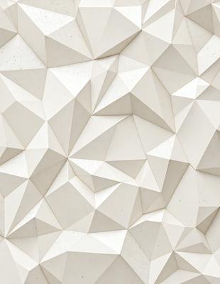The primary subject of the image is a white wall with a pattern of triangles. The setting is a room with a white background, and the visual style appears to be a combination of digital art and illustration. The dominant colors are white and gray, creating a clean and minimalist atmosphere.