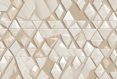 The primary subject of the image is a wall with a pattern of white diamond shapes. The setting is a room with a white marble wall, which adds to the overall visual style. The image is a photo, capturing the intricate design of the diamond pattern. The colors and mood of the image are predominantly white, giving it a clean and elegant appearance.